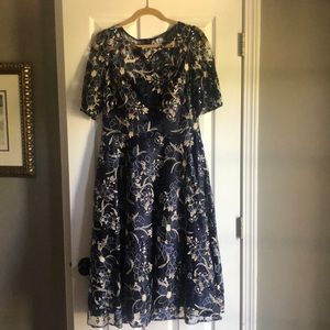 ElizaJ Illusion Boat Neck Short Sleeve Sequin Embroidered Floral Lace Midi Dress